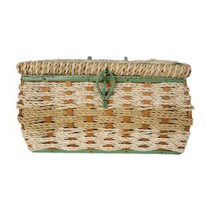 Vintage Sewing Basket with Green Accents Made in Japan No Top Handle